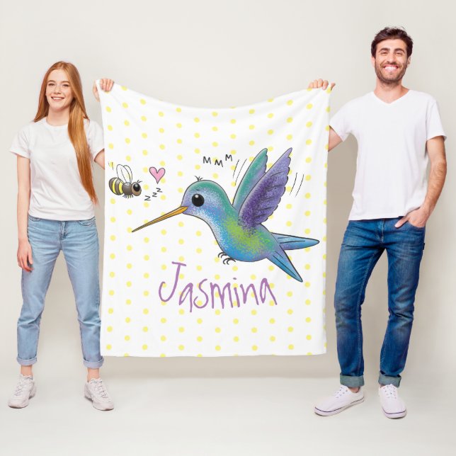 Cute bee hummingbird cartoon illustration fleece blanket (In Situ)