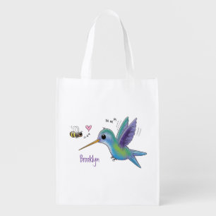 Cute bee hummingbird cartoon illustration grocery bag