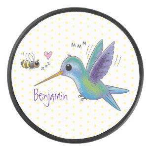 Cute bee hummingbird cartoon illustration hockey puck