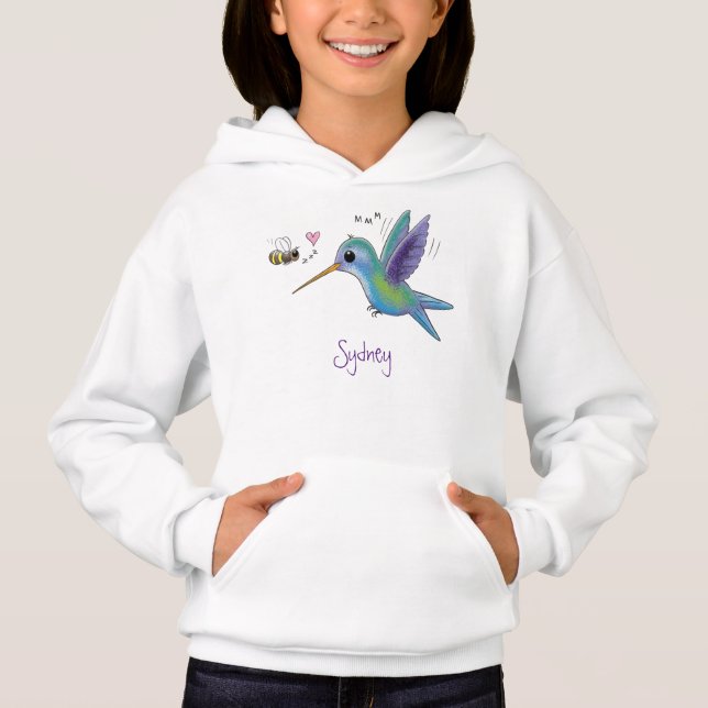 Cute bee hummingbird cartoon illustration hoodie (Front)