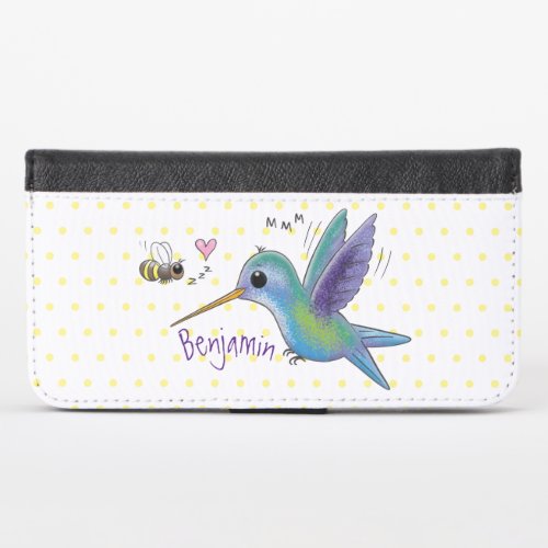 Cute bee hummingbird cartoon illustration iPhone x wallet case
