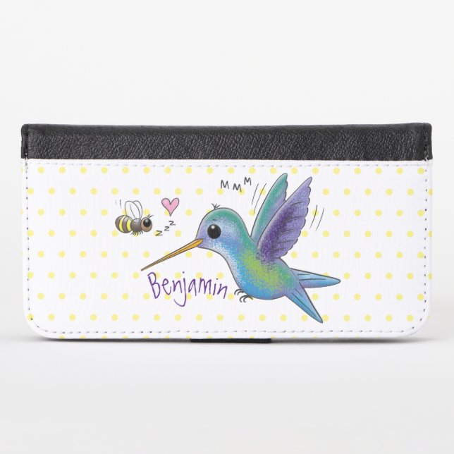 Cute bee hummingbird cartoon illustration iPhone wallet case (Front (Horizontal))
