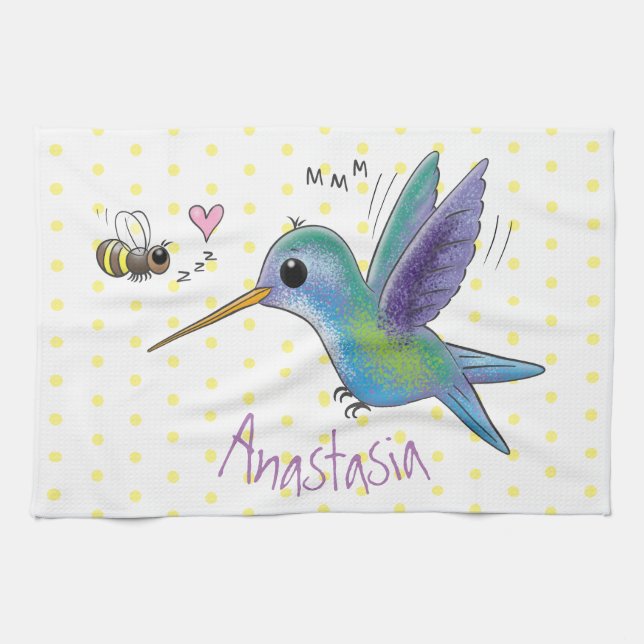 Cute bee hummingbird cartoon illustration kitchen towel (Horizontal)