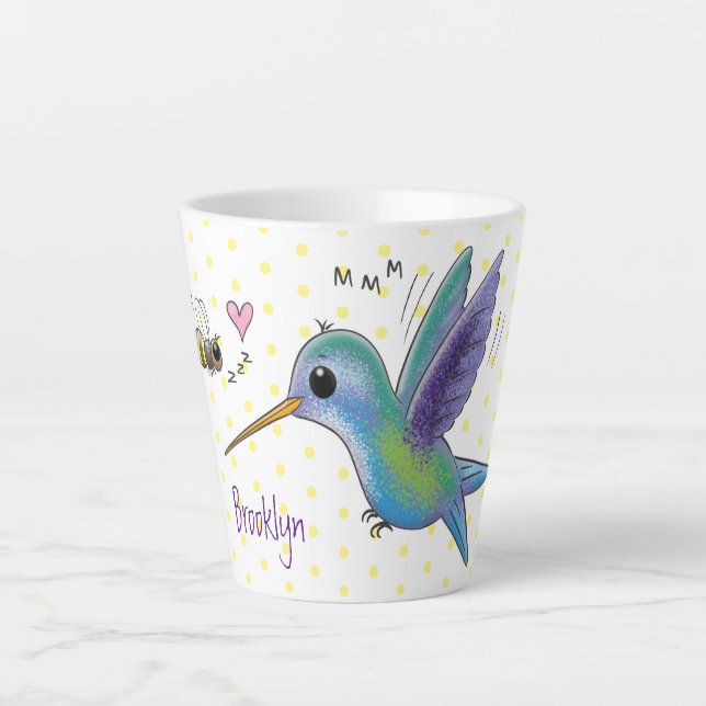 Cute bee hummingbird cartoon illustration latte mug (Front)