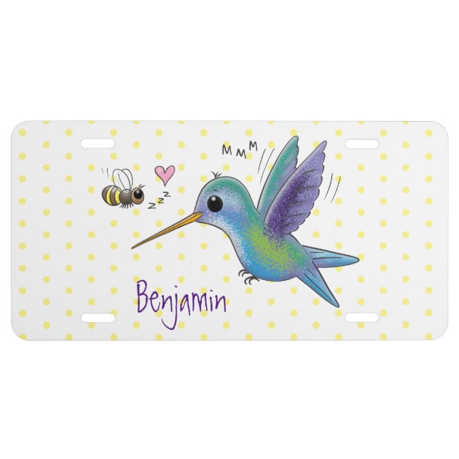 Cute bee hummingbird cartoon illustration license plate (Front)