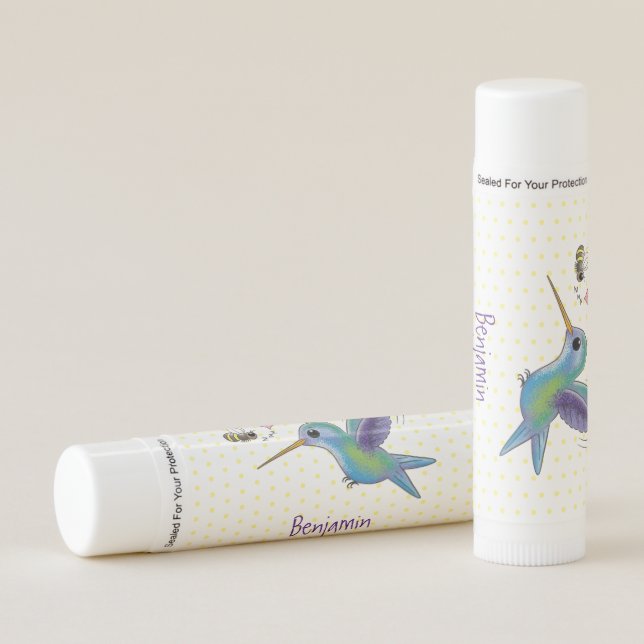 Cute bee hummingbird cartoon illustration lip balm (Front)