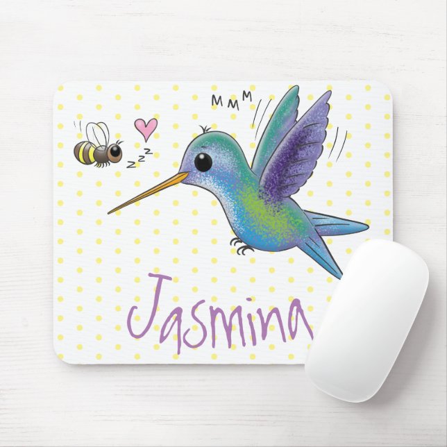 Cute bee hummingbird cartoon illustration mouse pad (With Mouse)