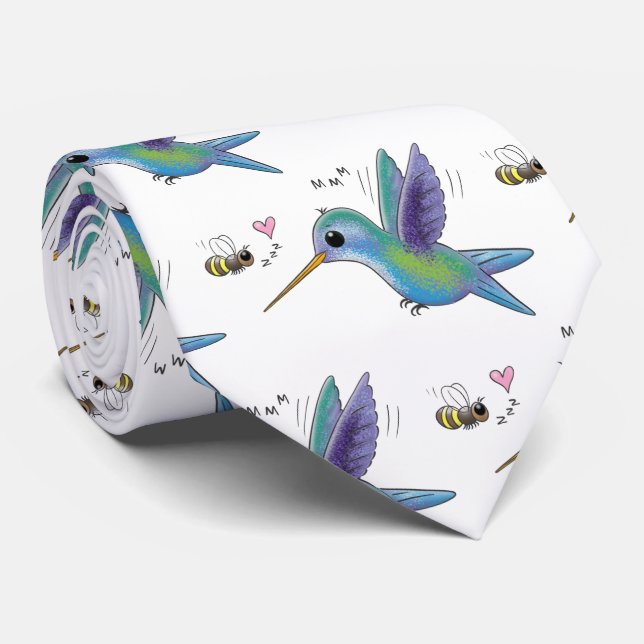 Cute bee hummingbird cartoon illustration neck tie (Rolled)