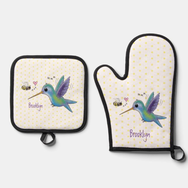 Cute bee hummingbird cartoon illustration oven mitt & pot holder set (Front)