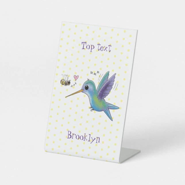 Cute bee hummingbird cartoon illustration pedestal sign (Front)