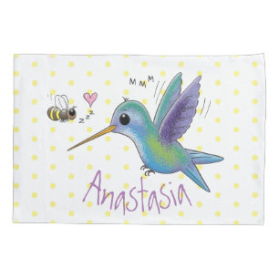 Cute bee hummingbird cartoon illustration pillow case