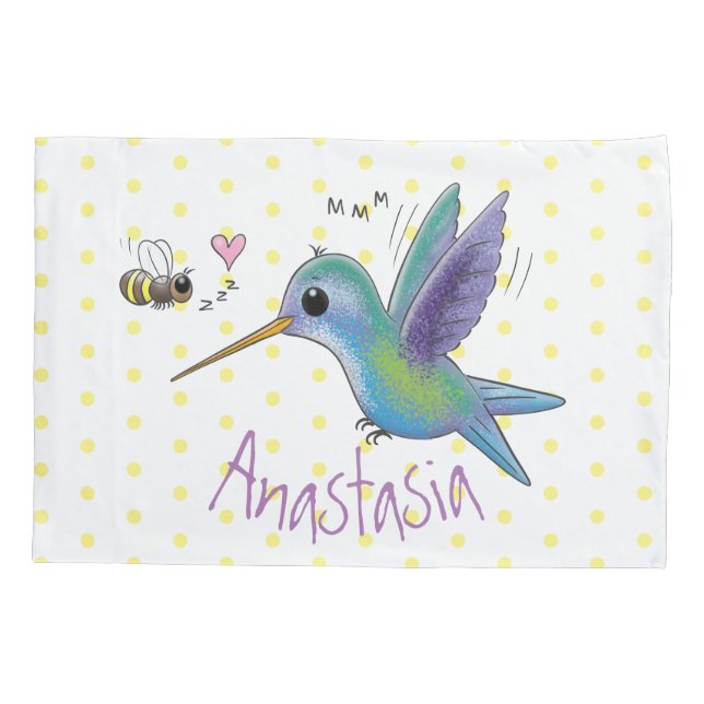 Cute bee hummingbird cartoon illustration pillow case (Back)