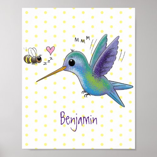 Cute bee hummingbird cartoon illustration poster
