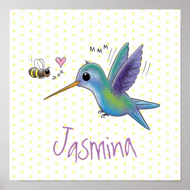 Cute bee hummingbird cartoon illustration poster (Front)