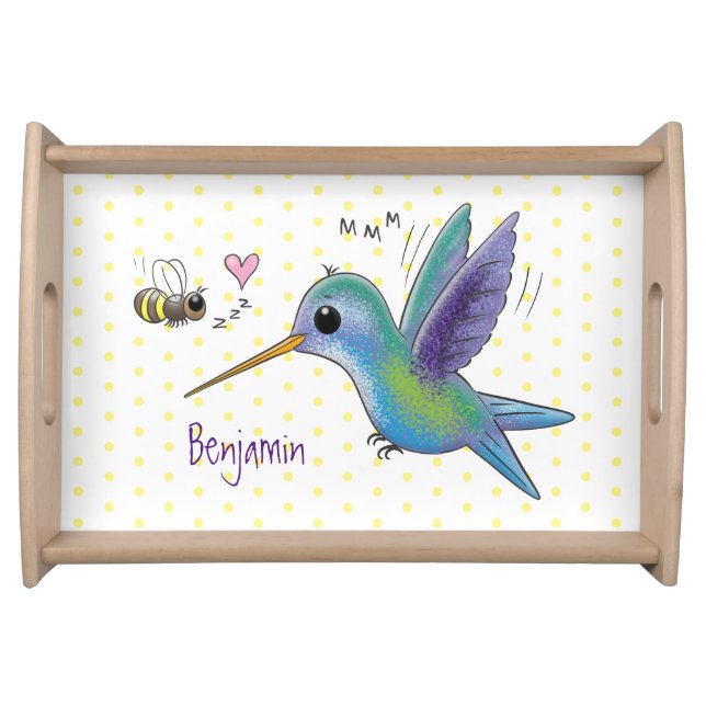 Cute bee hummingbird cartoon illustration serving tray (Front)