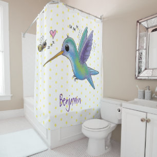 Cute bee hummingbird cartoon illustration shower curtain