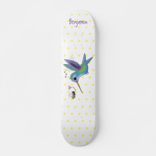 Cute bee hummingbird cartoon illustration skateboard