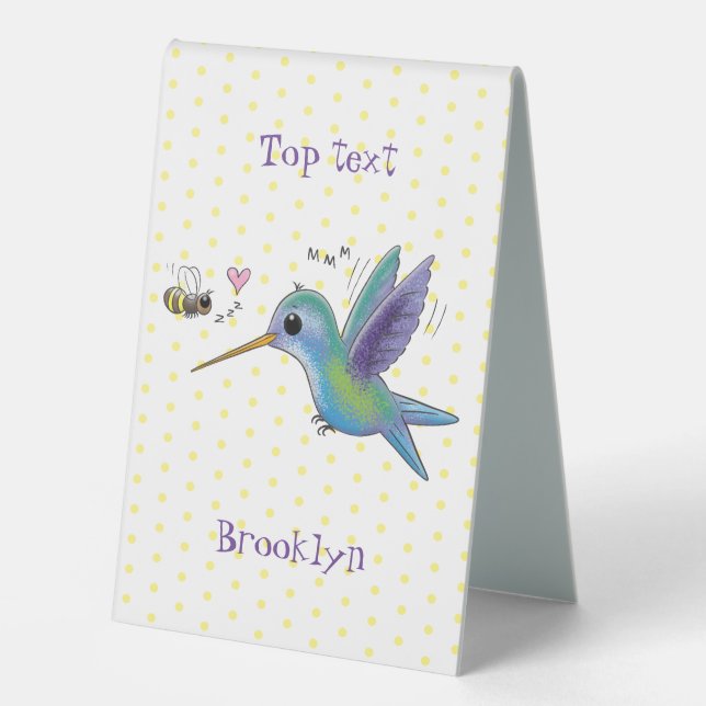 Cute bee hummingbird cartoon illustration table tent (Front)