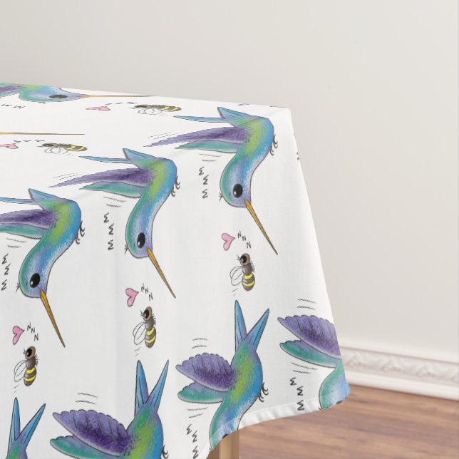 Cute bee hummingbird cartoon illustration tablecloth (In Situ)