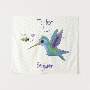 Cute bee hummingbird cartoon illustration tapestry