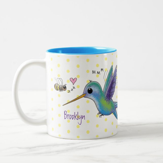 Cute bee hummingbird cartoon illustration Two-Tone coffee mug (Left)