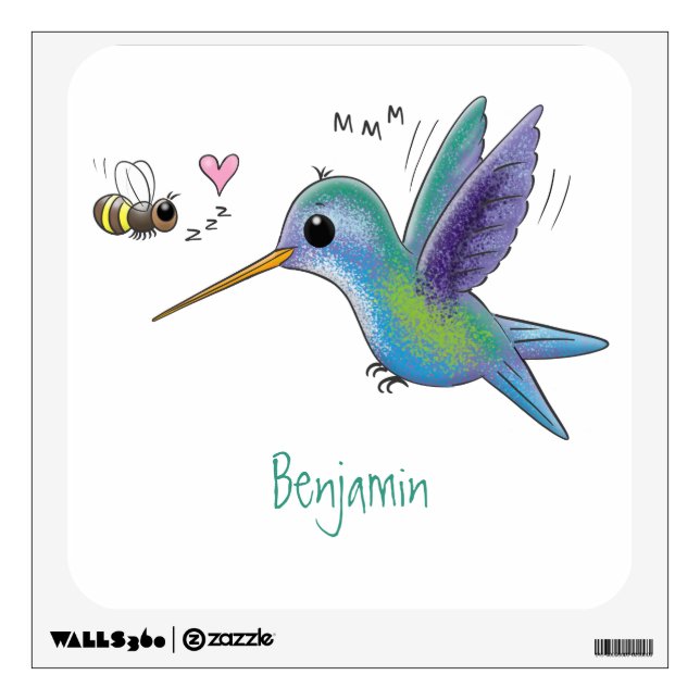 Cute bee hummingbird cartoon illustration wall decal (Front)