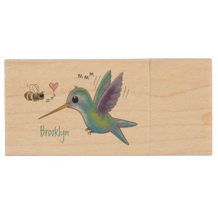 Cute bee hummingbird cartoon illustration wood flash drive