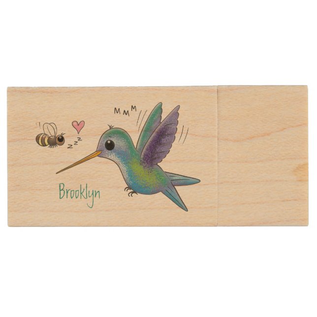 Cute bee hummingbird cartoon illustration wood flash drive (Front)
