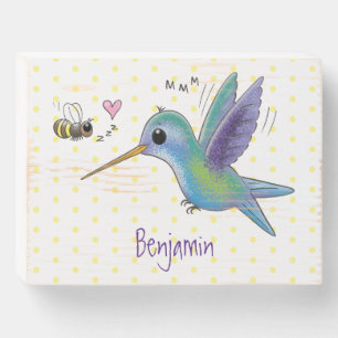 Cute bee hummingbird cartoon illustration wooden box sign