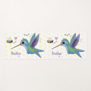 Cute bee hummingbird cartoon illustration yoga mat