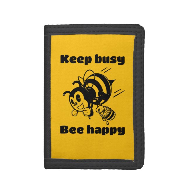 Cute Bee Keep Busy Be Happy Motivational Cartoon Trifold Wallet (Front Vertical)