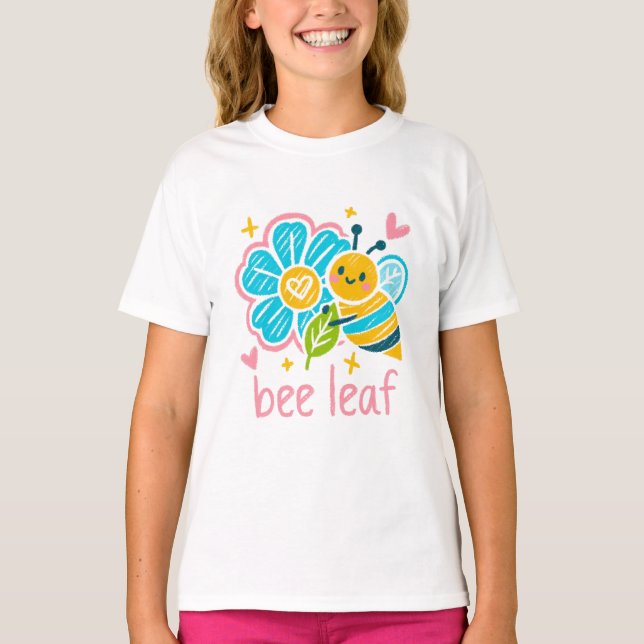 Cute Bee Leaf l Pun Crayon little sister's gift T-Shirt (Front)