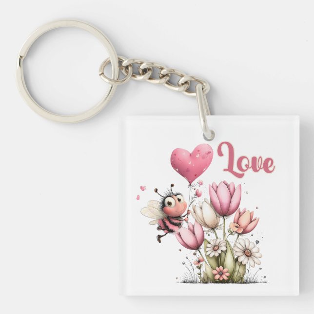 Cute Bee Love Heart Balloon Spring Flowers Keychain (Front)