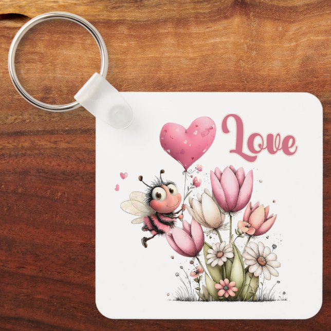Cute Bee Love Heart Balloon Spring Flowers Keychain (Front)
