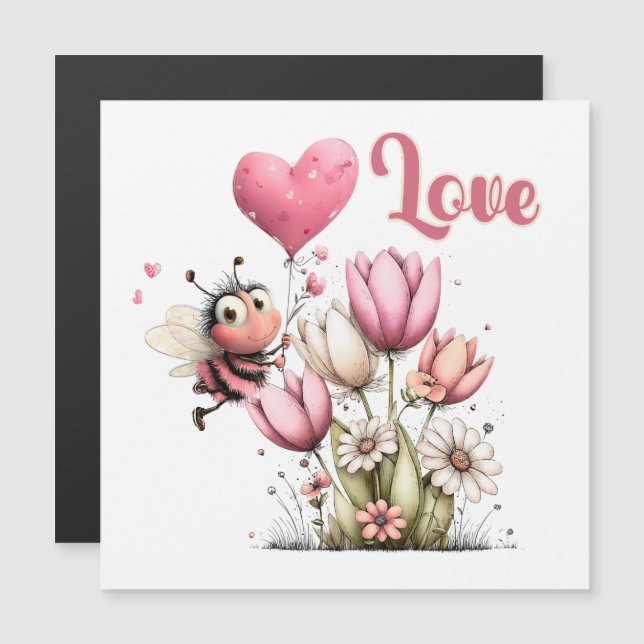 Cute Bee Love Heart Balloon Spring Flowers Magnet (Front/Back)
