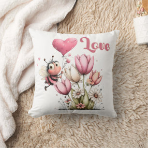 Cute Bee Love Heart Balloon Spring Flowers Throw Pillow