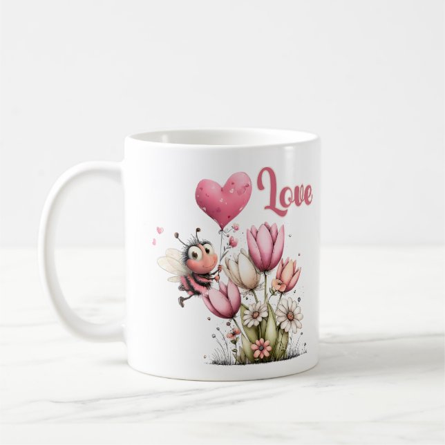 Cute Bee Love Heart & Floral  Coffee Mug (Left)