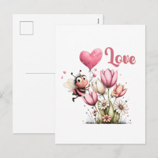 Cute Bee Love Heart & Floral Holiday Postcard