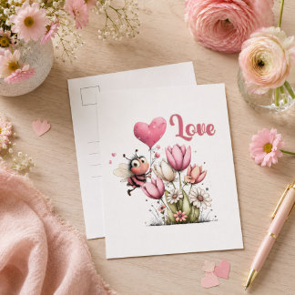 Cute Bee Love Heart & Floral Holiday Postcard