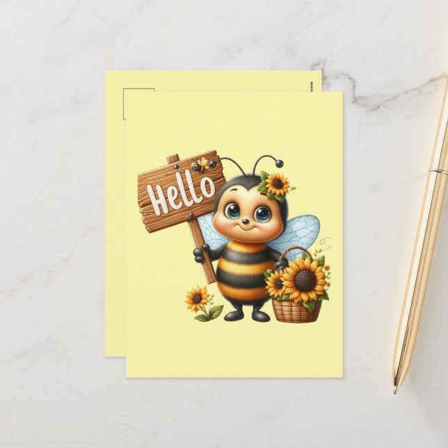 Cute bee lovers hello holiday postcard (Front/Back In Situ)