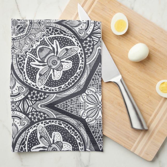 Cute Bee Mandala Hand-Drawn Kitchen Towel (Quarter Fold)
