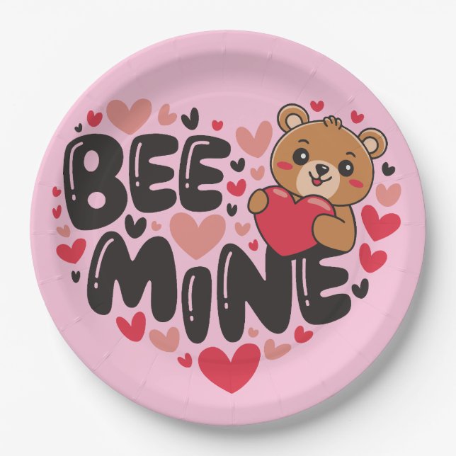 Cute Bee Mine Teddy Bear Valentine's Day Paper Plates (Front)