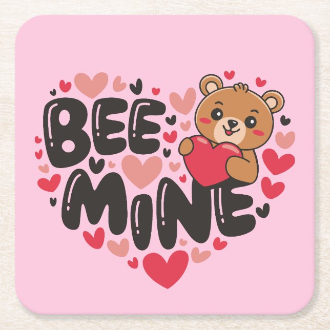 Cute Bee Mine Teddy Bear Valentine's Day Square Paper Coaster (Front)