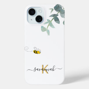 Cute bee monogram eucalyptus greenery white iPhone 15 case
