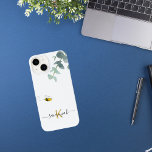 Cute bee monogram eucalyptus greenery white Case-Mate iPhone 14 case<br><div class="desc">A chic white background. Decorated with watercolored eucalyptus greenery, foliage and a cute, happy smiling bee. Personalize and add your monogram letter, initial and name. The name is written with a modern hand lettered style script with swashes. The name in black and the monogram letter in yellow. To keep the...</div>