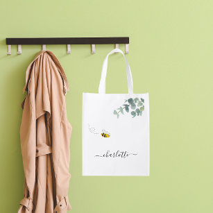 Cute bee monogram eucalyptus greenery white grocery bag