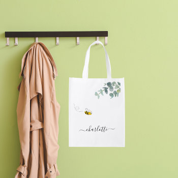 Cute Bee Monogram Eucalyptus Greenery White Grocery Bag by Thunes at Zazzle