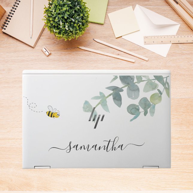 Cute bee monogram eucalyptus greenery white HP laptop skin (Creator Uploaded)