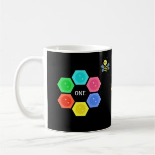 Cute Bee & Multicolored Honeycomb on Black Coffee Mug