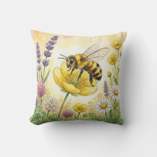 Cute Bee On A Flower Tiny Insects Throw Pillow